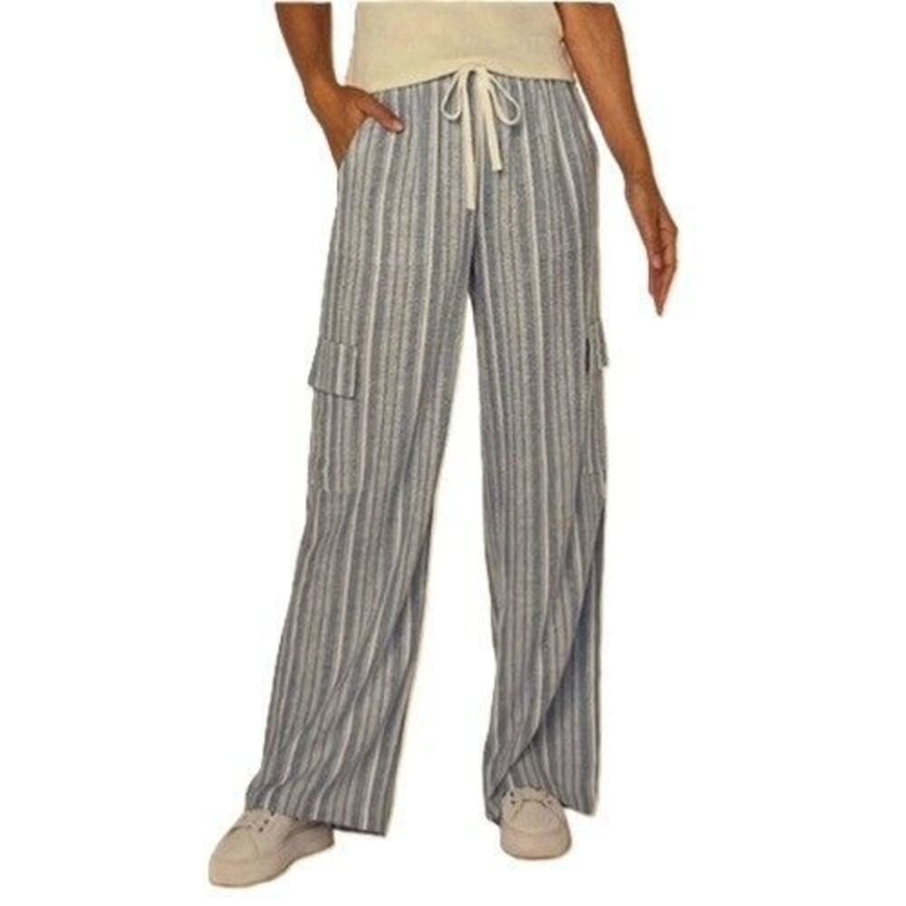 Roxy Striped Linen Blend Cargo Pocket Pants Blue Stripe XL NWT